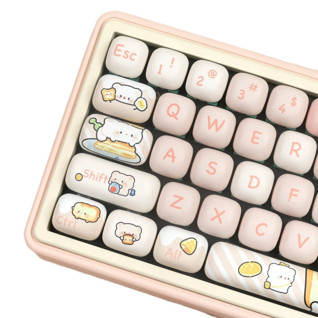 PBT mechanical keyboard key cap set with steamed bread bear design showing thermal sublimation printing