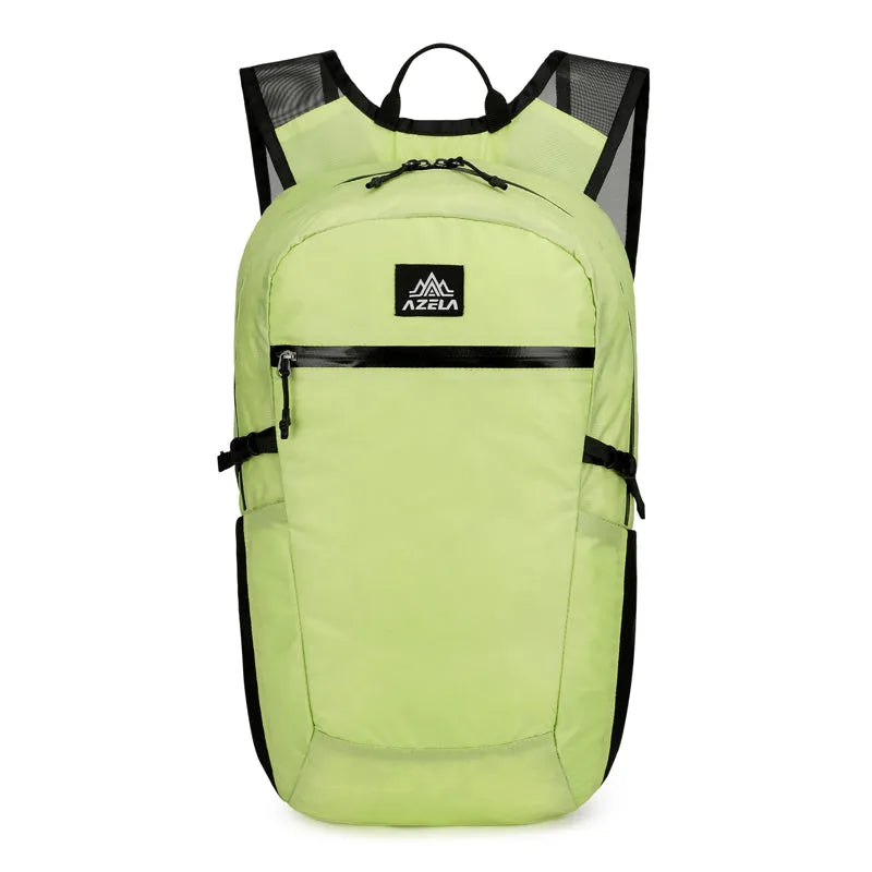 AZELA lightweight lime green backpack with multiple pockets and mesh straps on a plain background