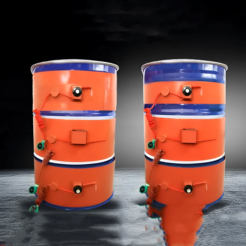 Silicone rubber heating belt wrapped around a 200-litre industrial oil drum.