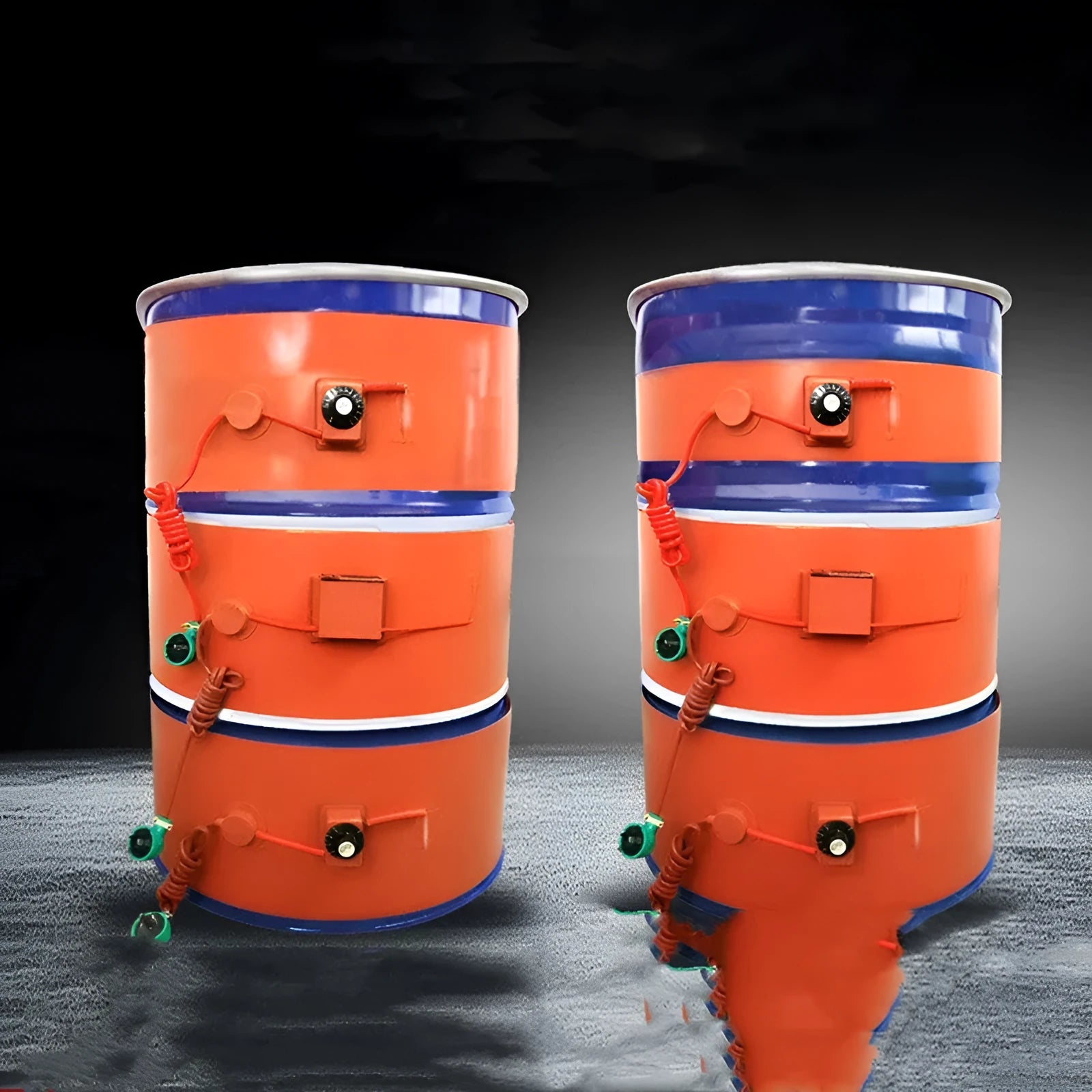 Silicone rubber heating belt wrapped around a 200-litre industrial oil drum.