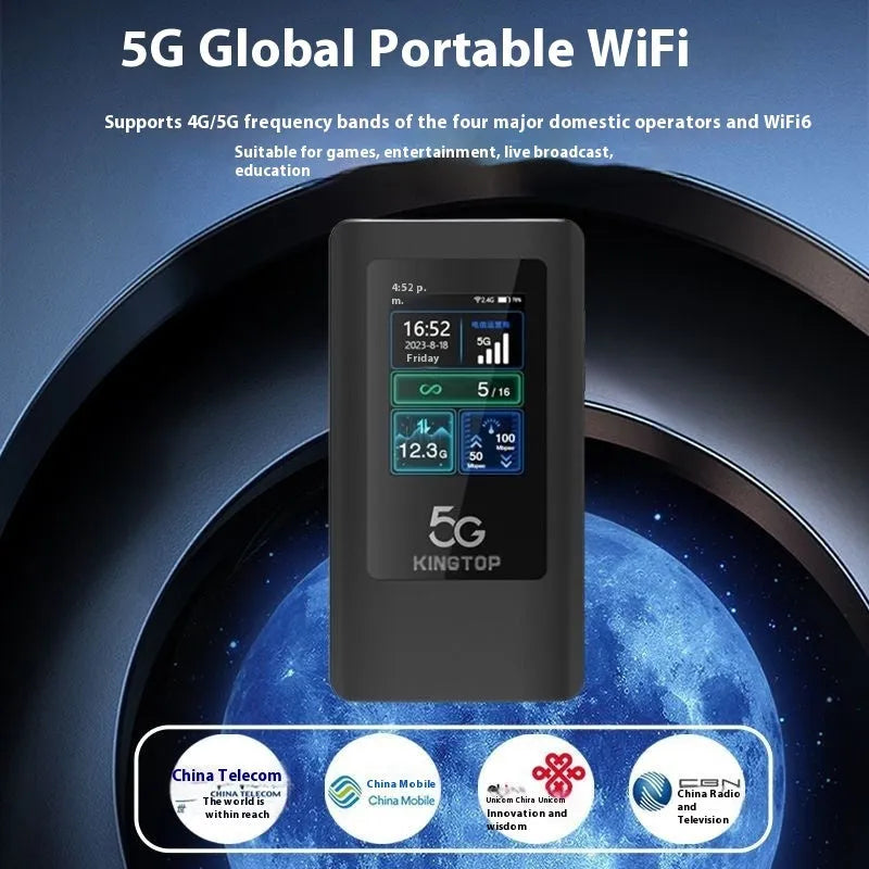 Black portable 5G Wi-Fi router with LCD display, 4400mAh battery, and USB-C port