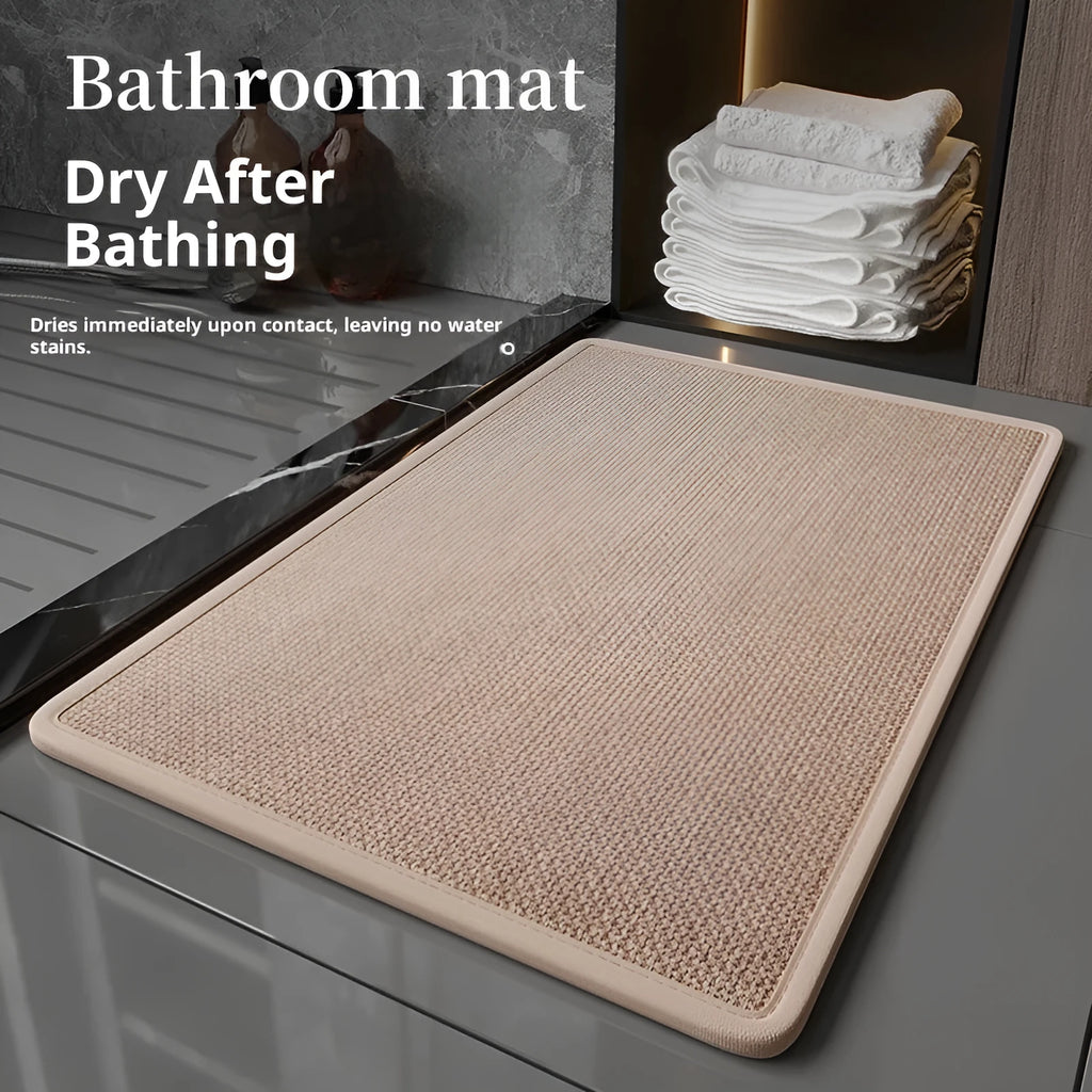 Solid color absorbent anti-slip quick-dry bathroom floor mat in size 40x60cm on a tiled floor