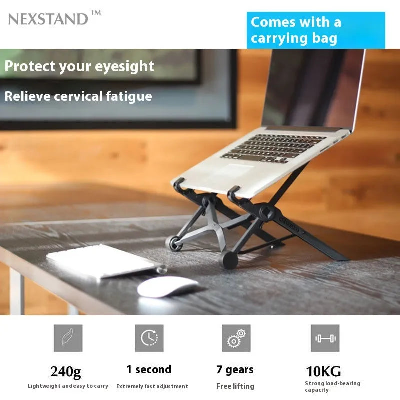 Portable folding computer bracket in sagacious black with carrying case, showing folded dimensions