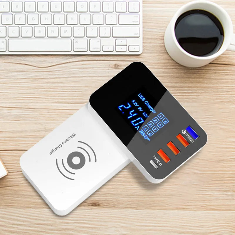 White multi-port USB fast charger with wireless charging pad and EU, UK, US plug adapters on a desk.