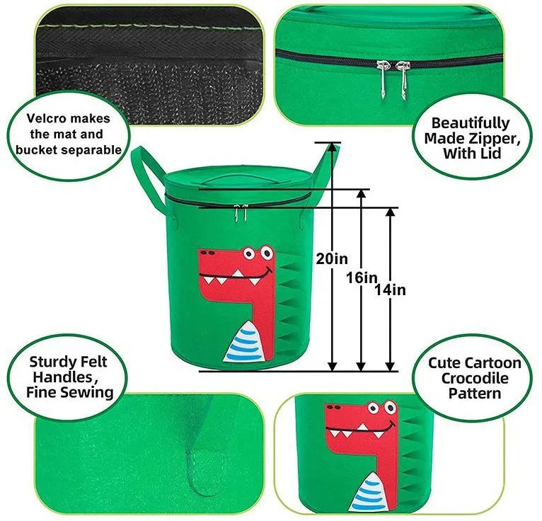 Green felt storage bag with pull rope that converts to toy play mat