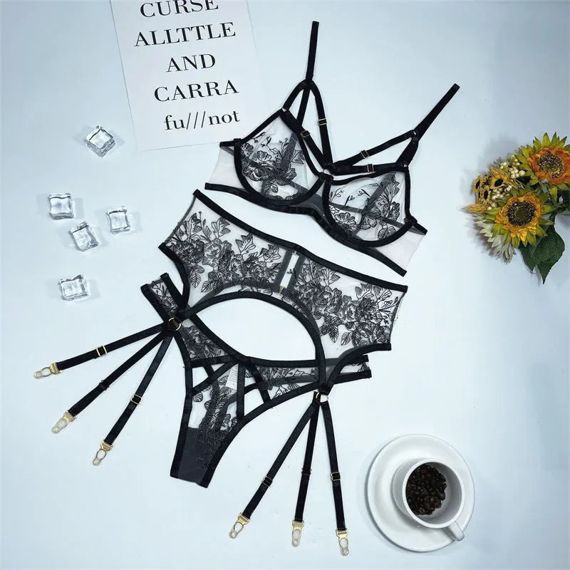 Black lace mesh floral print women's three-piece set with top, pants, and waist ring.