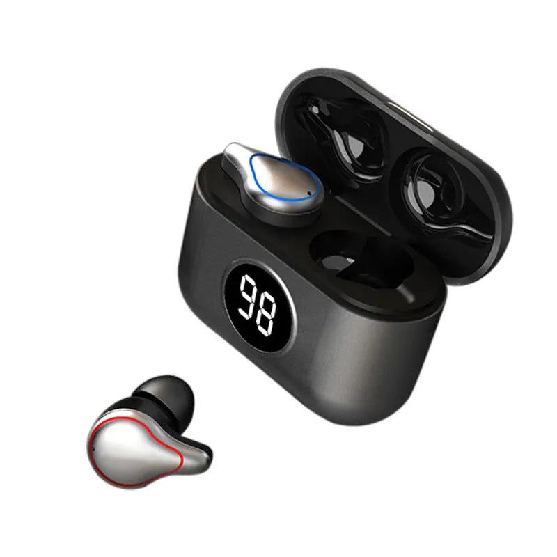 Black and blue in-ear bluetooth headphones with earplug design for wireless stereo sound