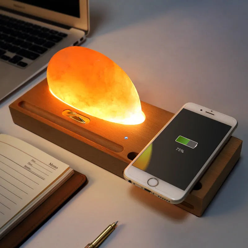 Sunrise Oriental wooden base salt lamp with integrated wireless phone charging pad and natural crystal salt shade.