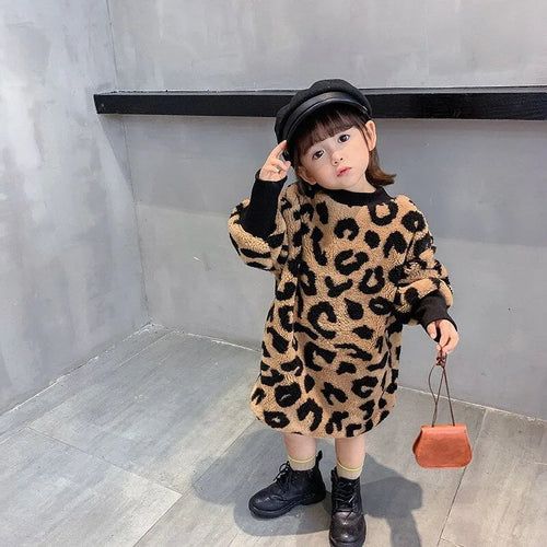 Girls long sleeve brown leopard print cotton blend top, sizes 80cm to 130cm
