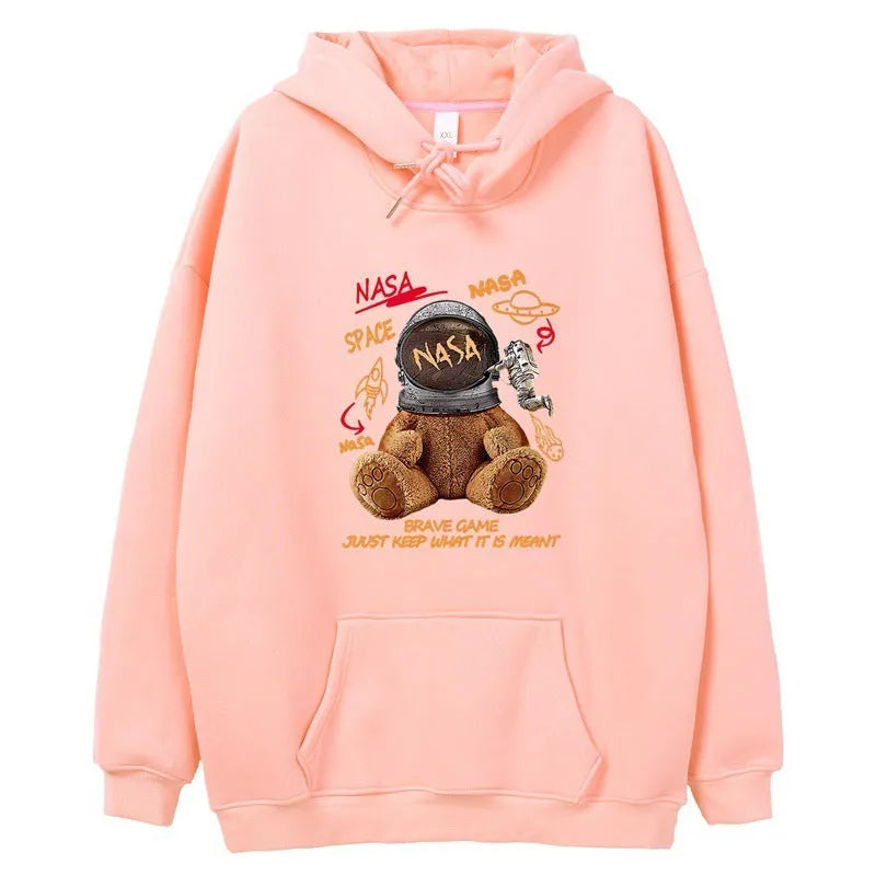 Hong Kong style graffiti bear print hooded sweatshirt for men loose fit pullover cartoon pattern autumn wear