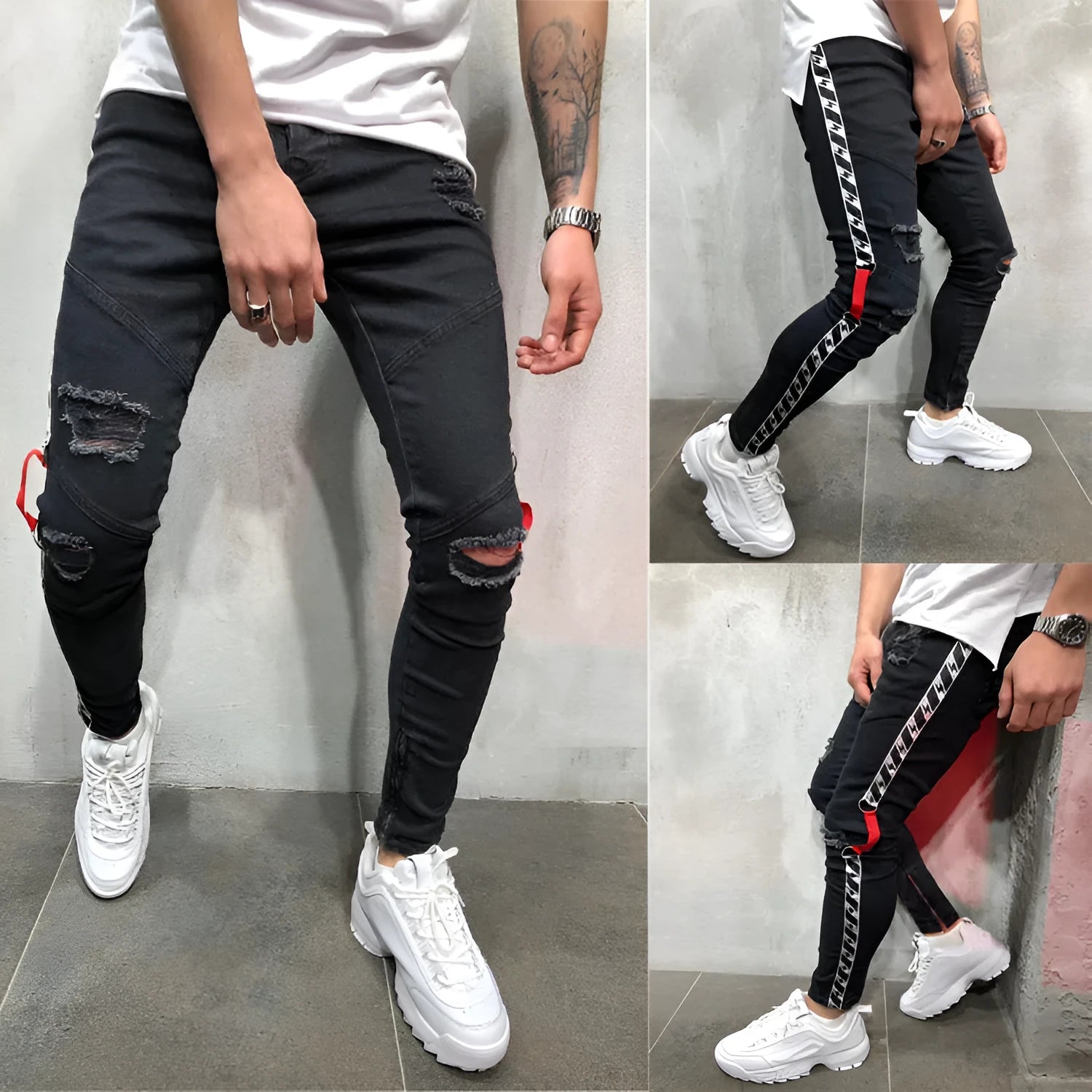 Men's casual low-waist flat-front canvas trousers in black with zip closure and pencil leg