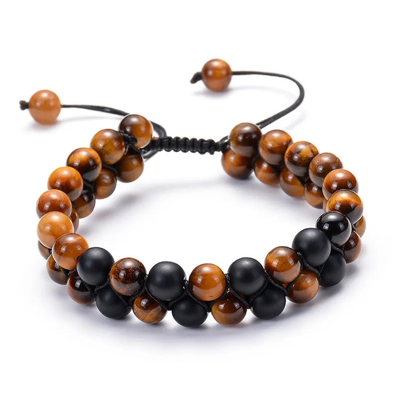 Matte black agate couple bracelets with geometric beads in individually packaged presentation