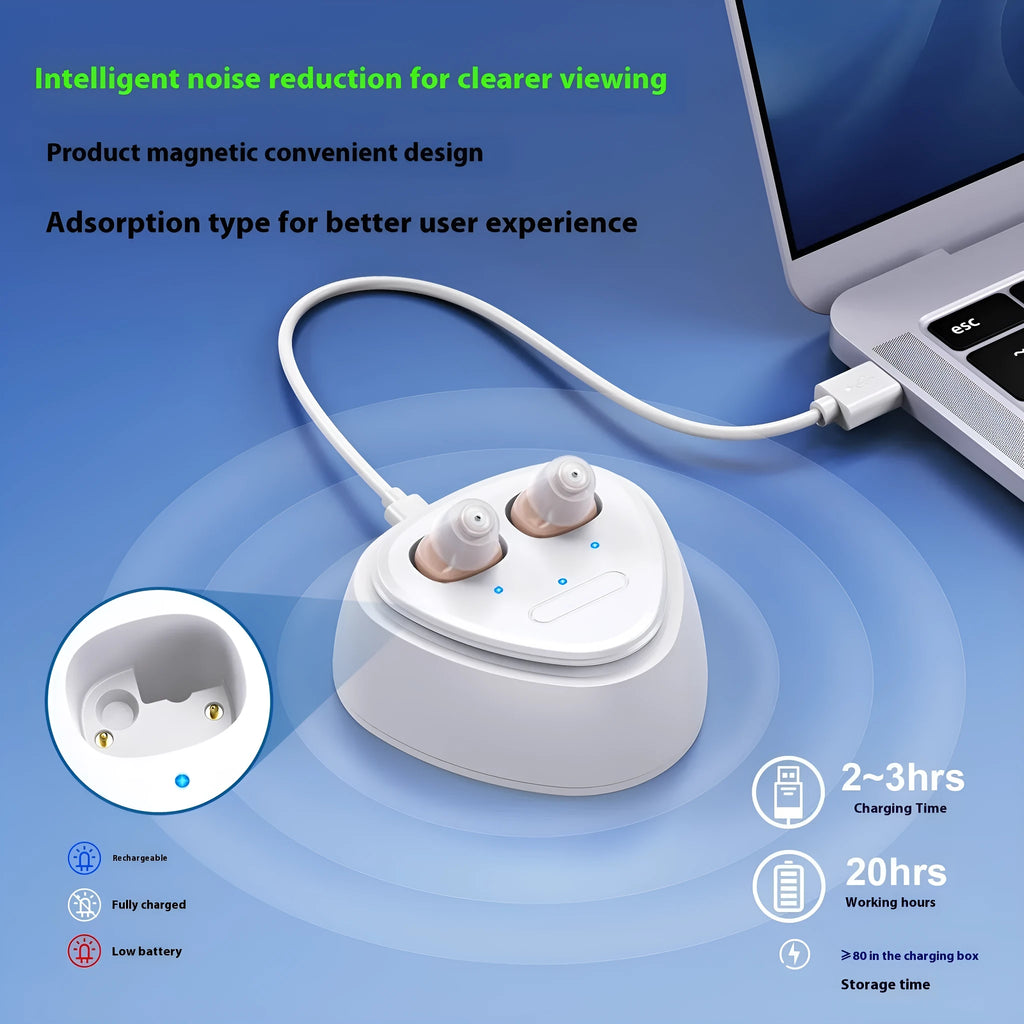 Rechargeable ultra-small in-ear hearing aid sound amplifier with USB power, brown red blue skin colour options