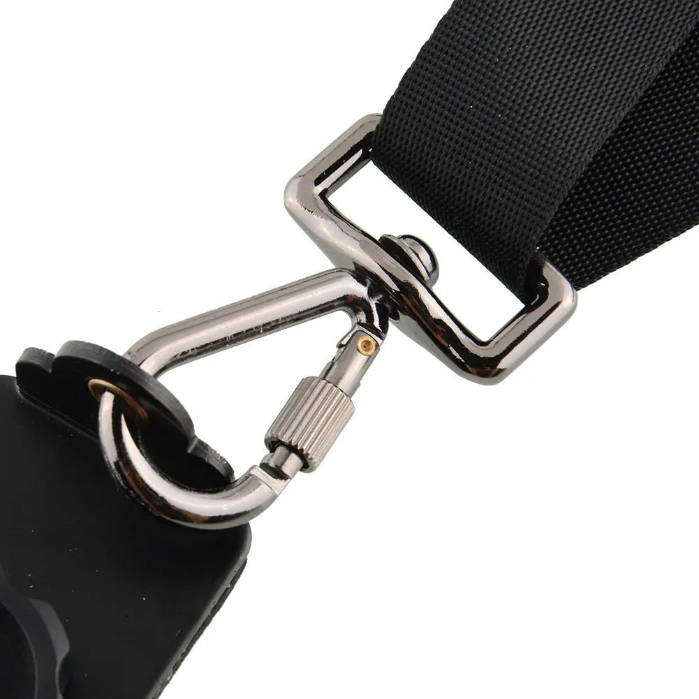 Black professional dual SLR camera shoulder strap shown carrying two cameras.