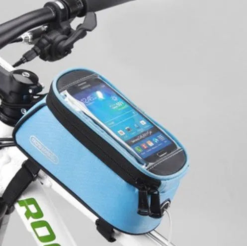 ROSWHEEL black PVC bicycle frame bag mounted on bike, holding a mobile phone.
