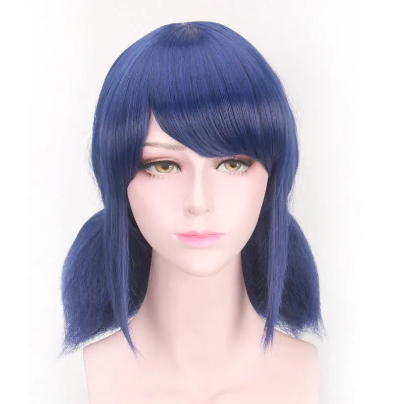 Mixed blue 35cm cosplay wig on stand with breathable inner net and adjustable buckle