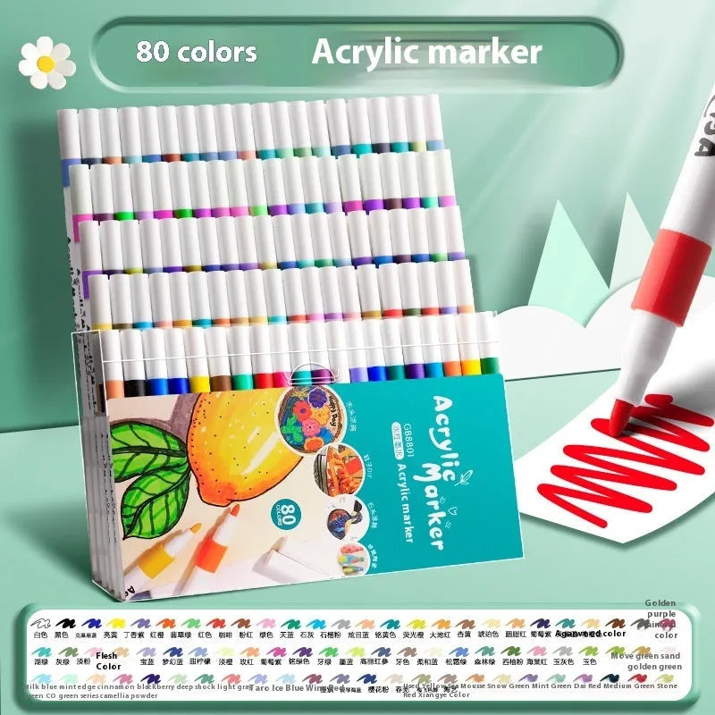 Multicolour acrylic marker pen set with plastic barrels and fibre tips in box packaging