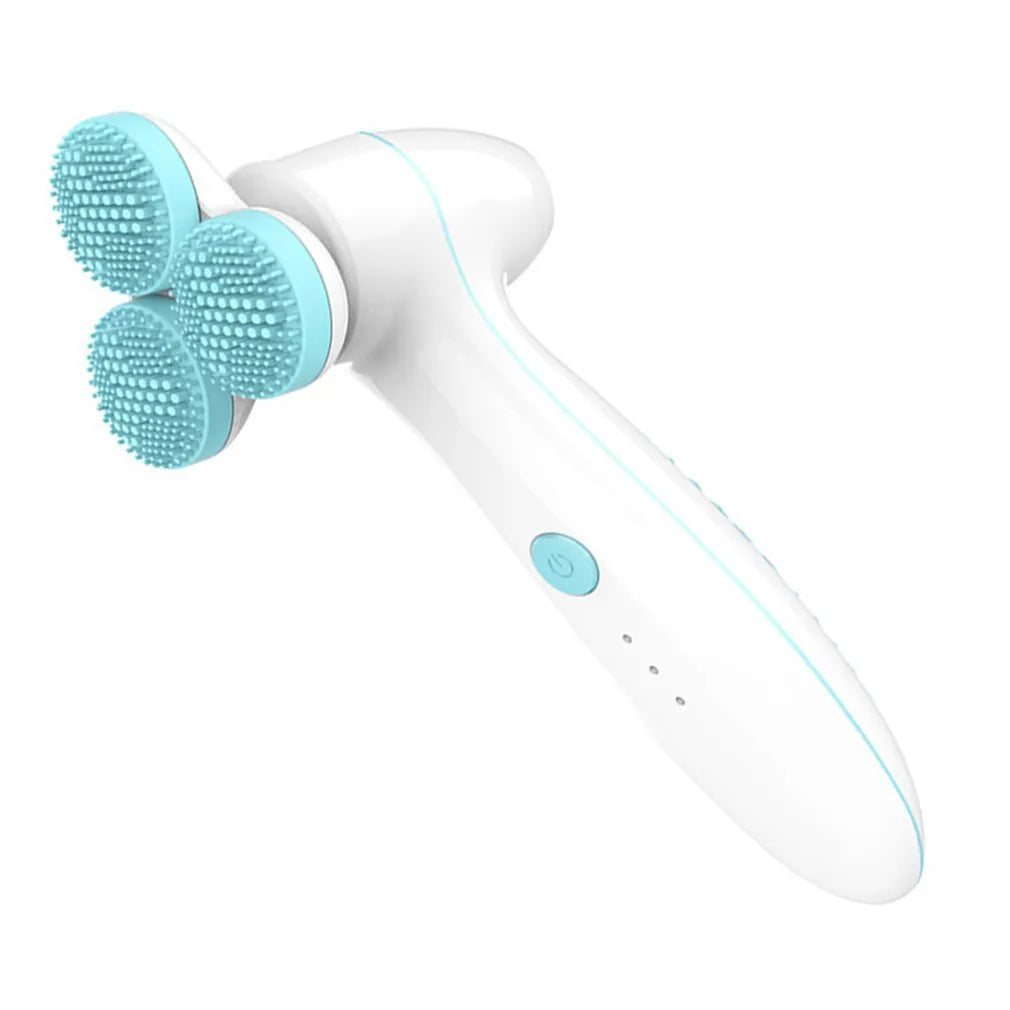 Three round 3D silicone facial cleansing instrument with double cleaning action, V-shaped muscle fit design, blue or pink