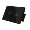 White 2-gang RF touch light switch with tempered glass panel and blue LED indicator.