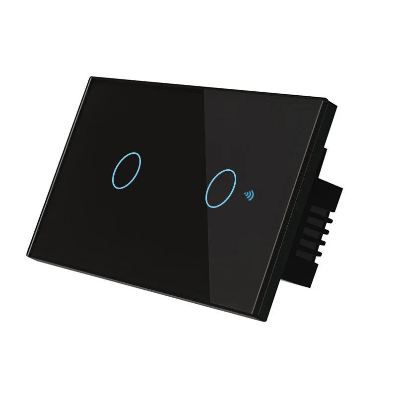 White 2-gang RF touch light switch with tempered glass panel and blue LED indicator.