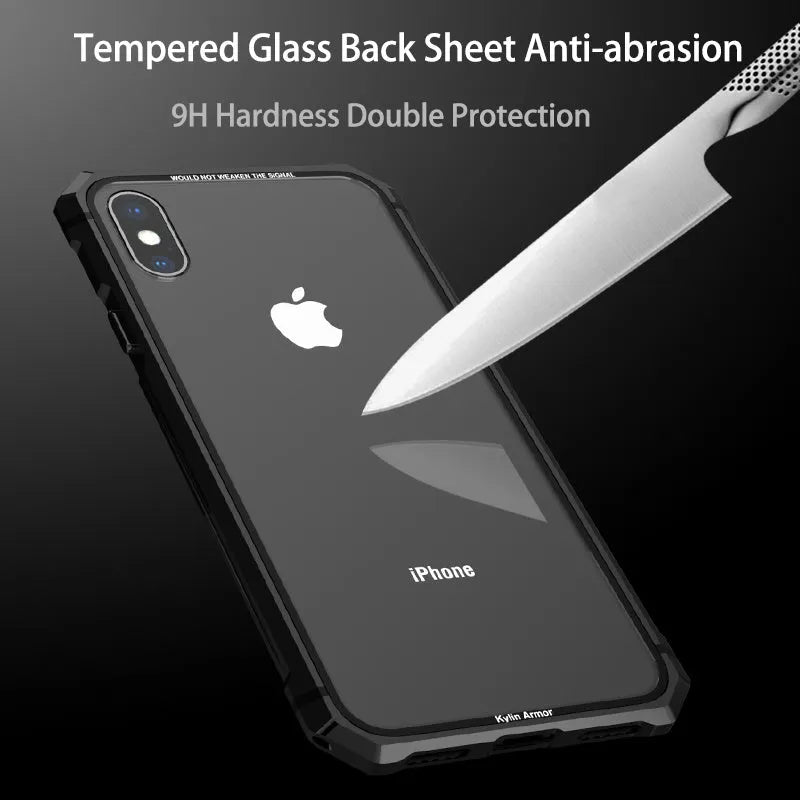 Transparent tempered glass phone case with metal aluminium frame for iPhone shockproof protection, black colour option