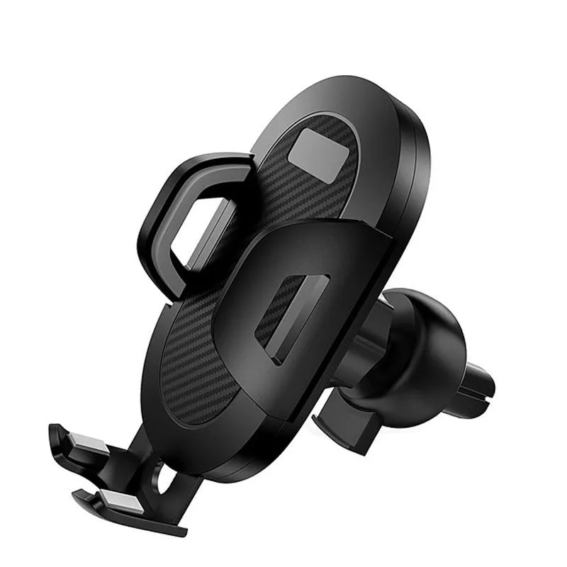 Auto-lock car phone holder mounted on air vent with smartphone