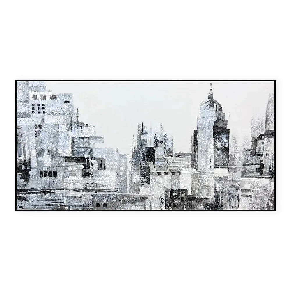 Handmade black and white abstract oil painting on canvas of urban street scene, rolled and frameless.
