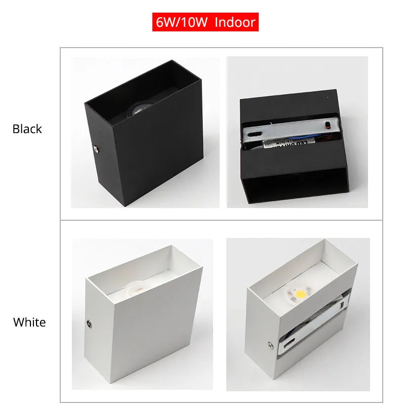 Black aluminium square wall lamp mounted on a corridor wall, showing 100mm size and 360-degree light emission.