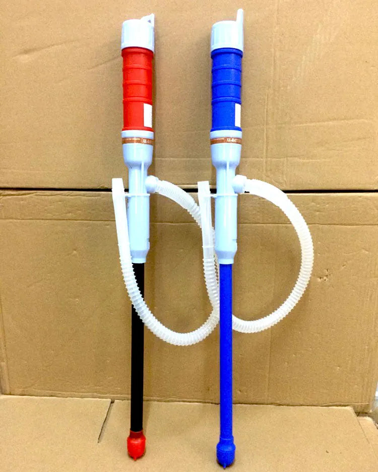 Manual hand-operated siphon pump for fuel and liquid transfer in blue or red colour