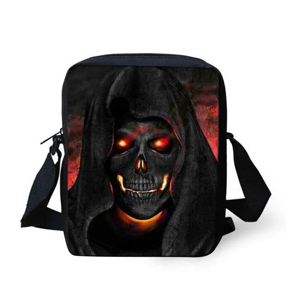 Medium-sized children's messenger bag with skull patterns in various colours showing double straps and zipper opening