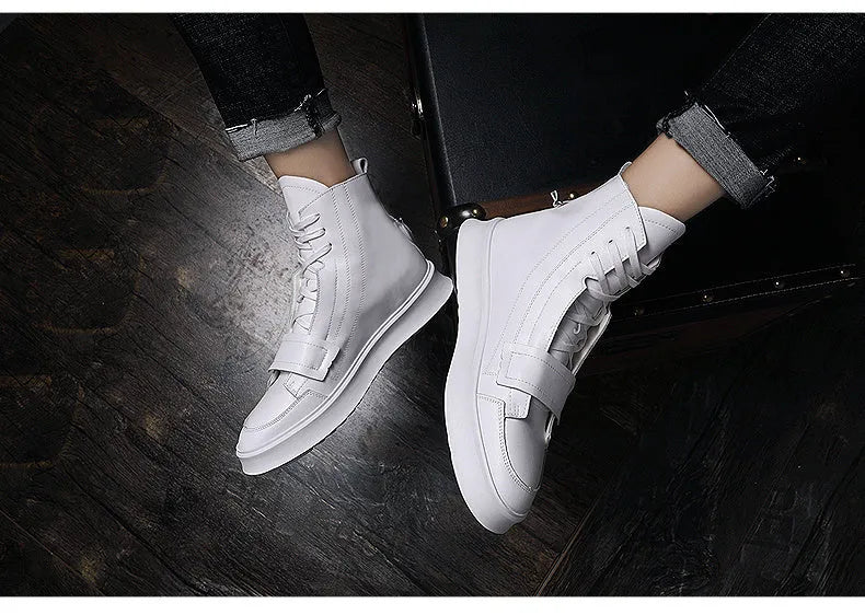 Men's black PU leather high-top ankle boot on a white background