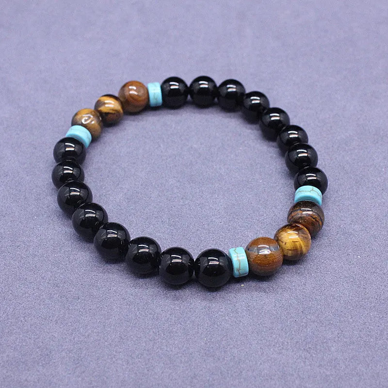 Geometric beaded jewellery set with black agate and tiger's eye stones showing bracelet and necklace options