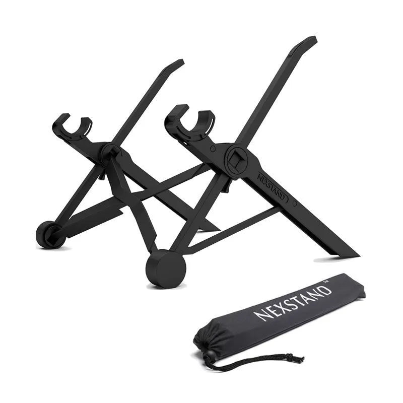 Portable folding computer bracket in sagacious black with carrying case, showing folded dimensions