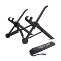 Portable folding computer bracket in sagacious black with carrying case, showing folded dimensions