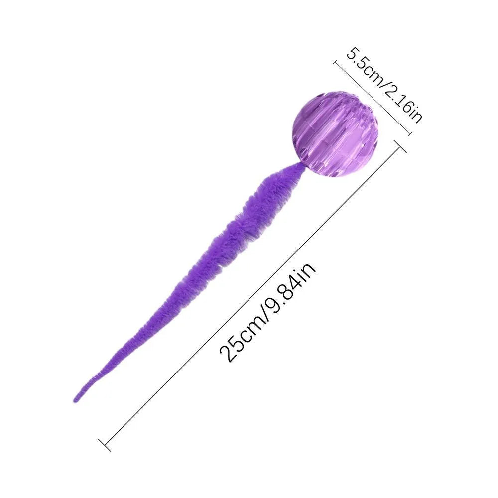 Interactive bouncy ball cat toy with plush tail in green, pink and purple colour options