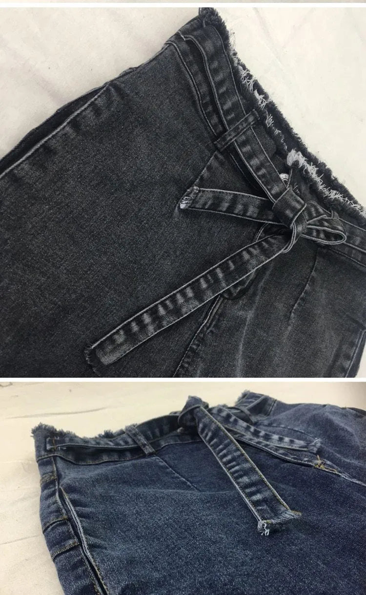 Fringed jeans in cowboy fabric showing fringe detailing, available in dark blue, grey, and light blue colours