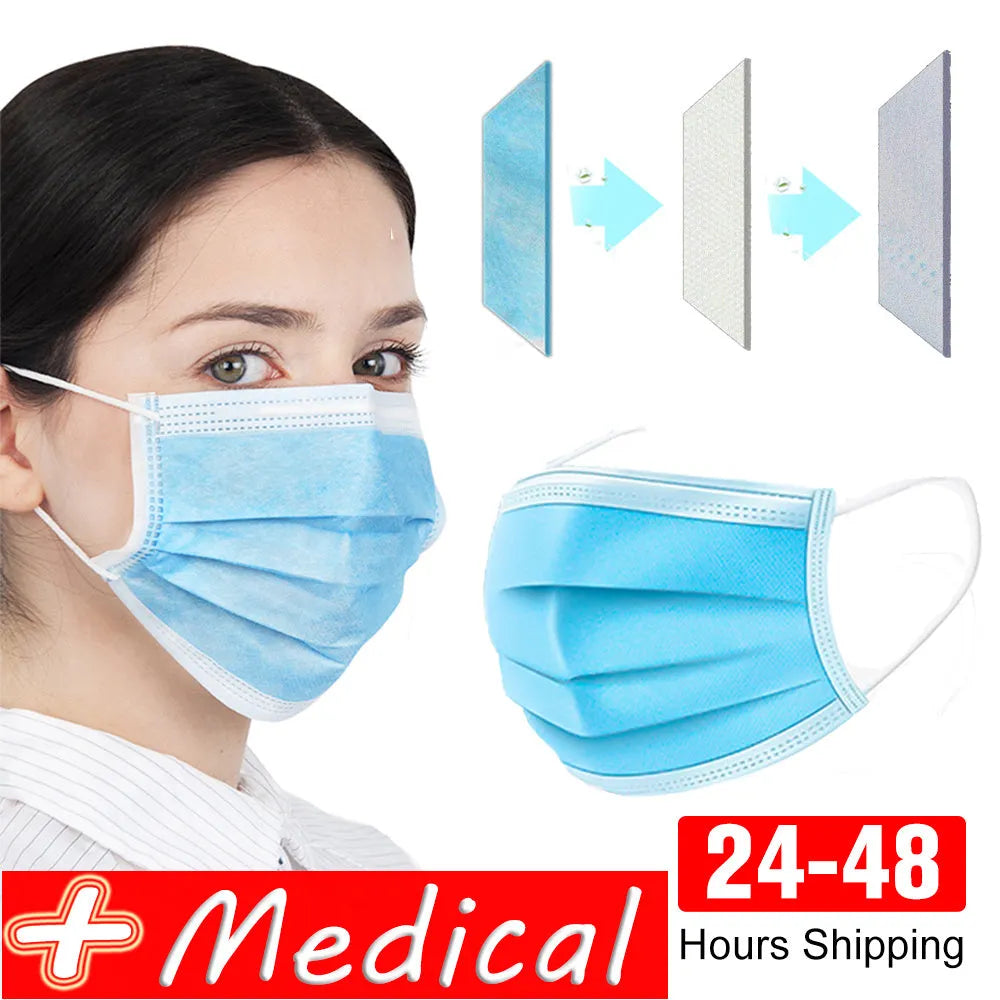 Disposable 3-ply medical-surgical face mask with blue earloop, 175mm x 95mm non-woven