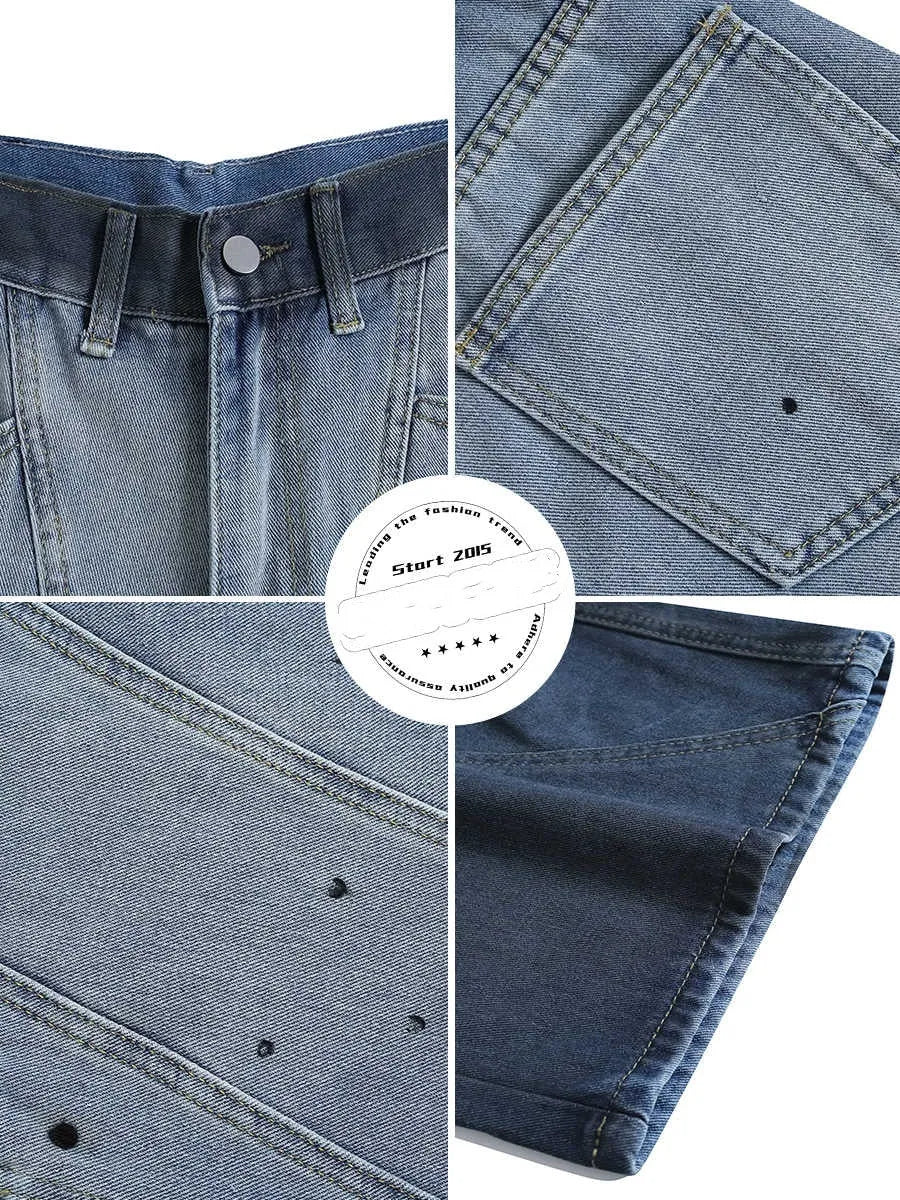 Blue tie-dye gradient cropped jeans with washed-out finish and loose casual fit