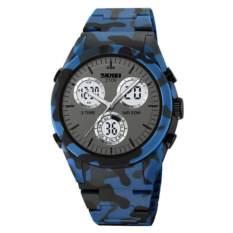 Men's and women's electronic casual watch with a black TPU strap and camouflage-pattern dial on a wrist.