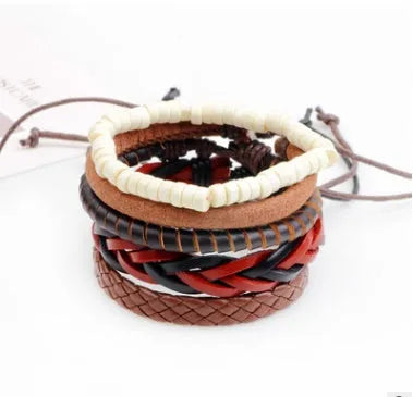 Hand-woven leather bracelet with wooden beads and adjustable design for vintage punk style