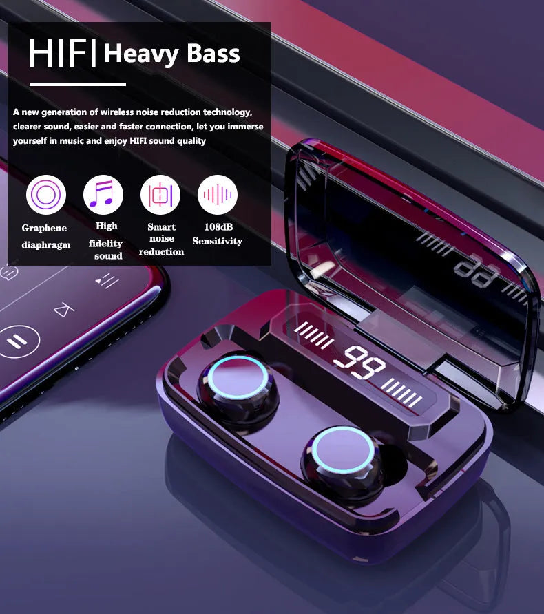 Black M11 style wireless Bluetooth headset with IPX7 waterproof rating and charging case featuring a phone holder.