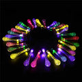 Solar-powered outdoor string lights with water drop shaped pendants on a 6.5 metre cable.