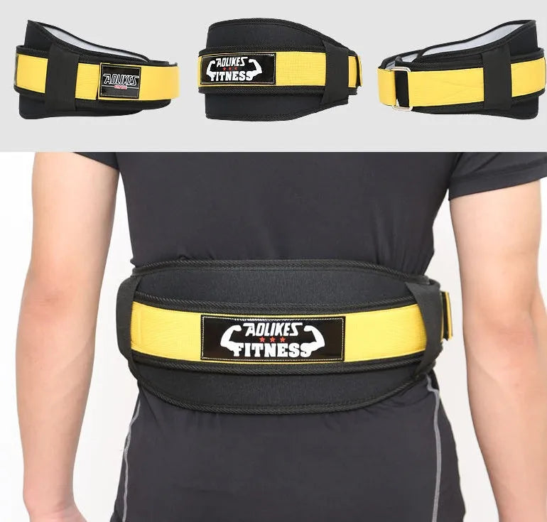 Nylon fitness weightlifting waistband belt in black colour showing adjustable sizing for adult training