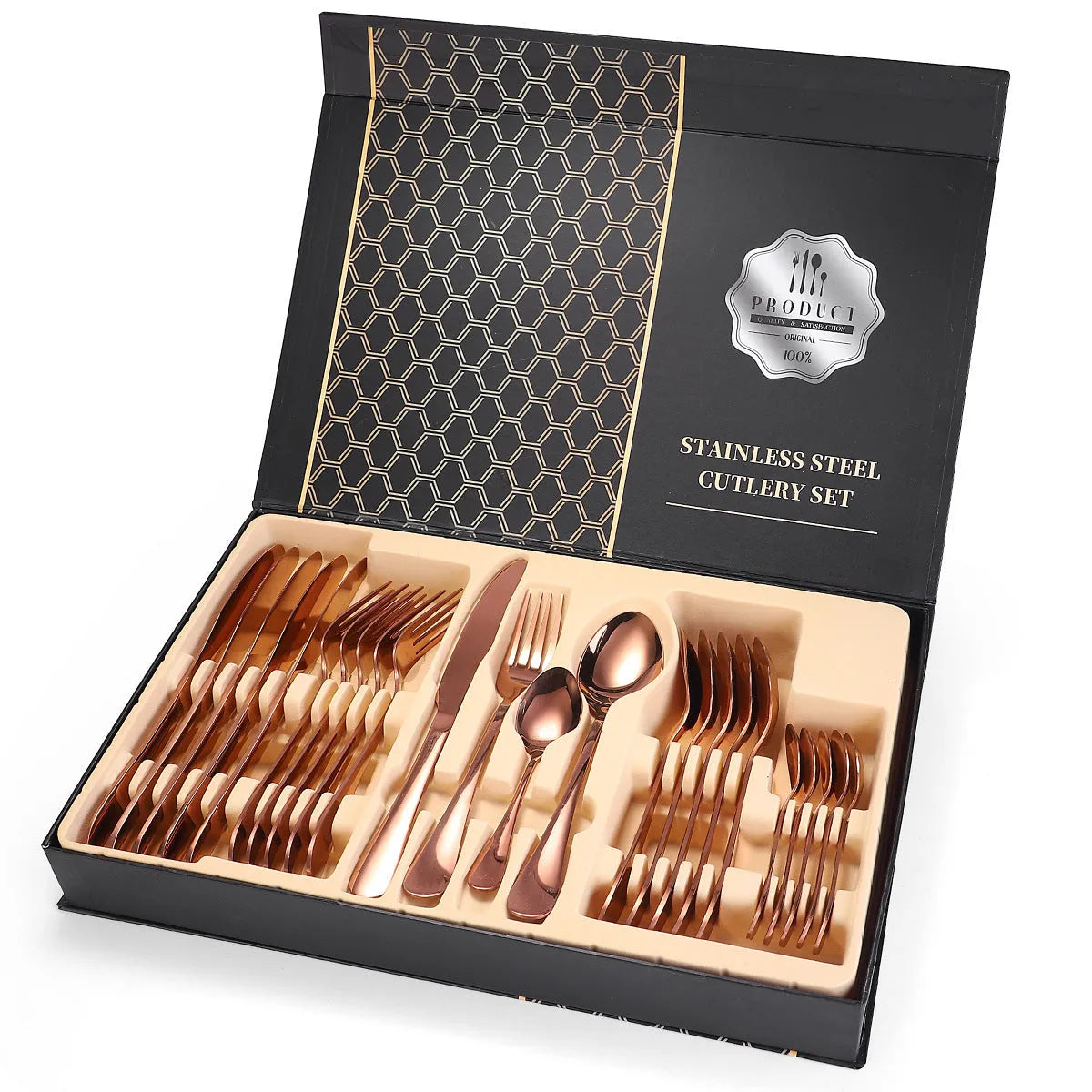 24 piece 18/10 stainless steel cutlery set in Silver style with wood storage box