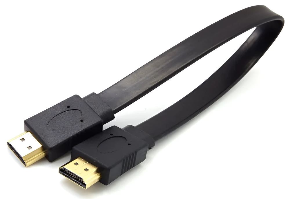 Flat HDMI cable with HDMI connectors showing length options from 0.3 to 10 metres