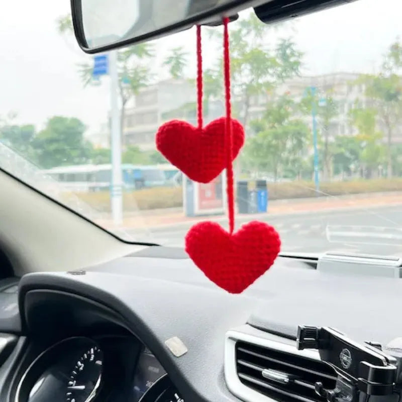 Green and white knitted car plant ornament with hanging rope for dashboard or mirror decoration