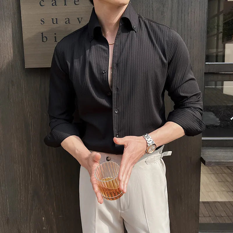 Men's dark stripes V-neck long sleeve casual shirt in cardigan style