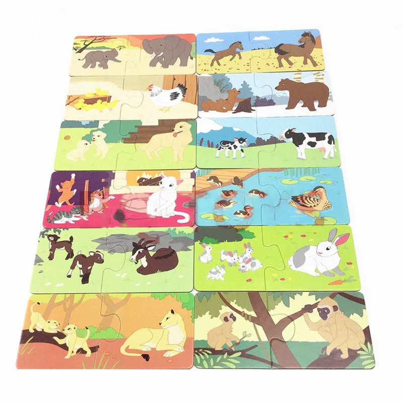 French educational puzzle toy for children with 24 picture and word pieces on a table.