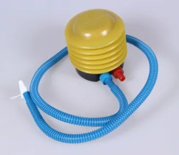 Blue and red manual pedal inflating pump for swim rings on a white background