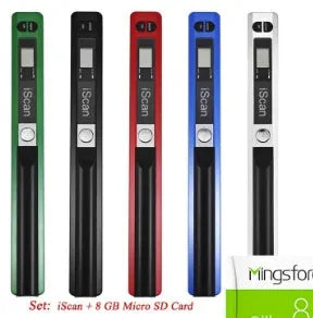 Portable handheld A4 scanner in black, measuring 255 x 28 x 25 mm, with CIS sensor and USB cable.